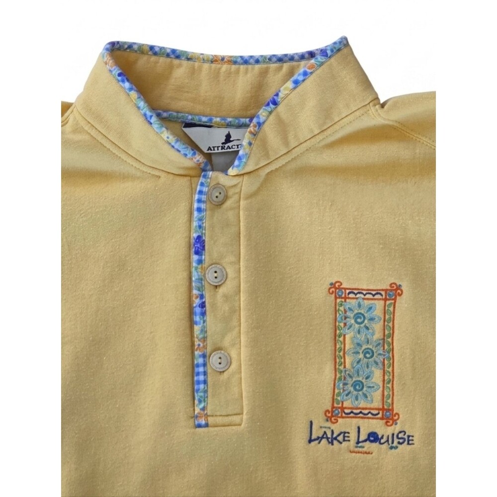 Vintage Lake Louise Henley Sweatshirt L Butter Yellow Made in Canada Loose Fit